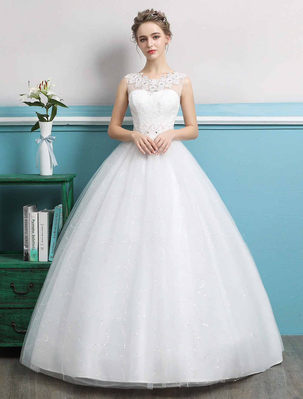 Princess Ball Gown Wedding Dresses Tulle Backless Ivory Beading Floor Length Bridal Dress-newarrivaldress