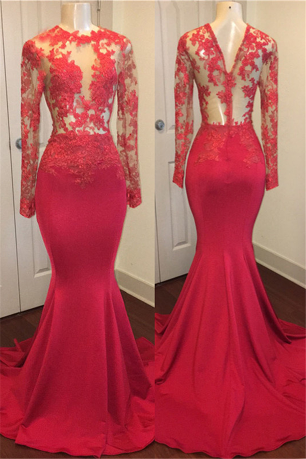 Red Lace Appliques Mermaid Prom Dresses with Sleeves on Mannequins-newarrivaldress