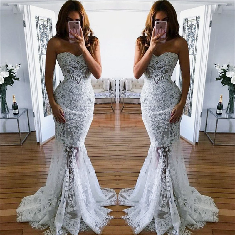 Sheer Tulle Lace Appliques Mermaid Bridal Gowns | Sweetheart Beach Wedding Dresses for Summer-newarrivaldress