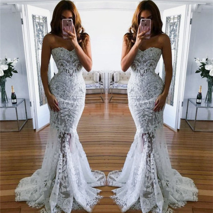Sheer Tulle Lace Appliques Mermaid Bridal Gowns | Sweetheart Beach Wedding Dresses for Summer-newarrivaldress