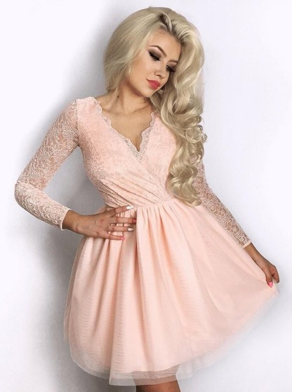 Newest Long Sleeve A-line V-neck Lace Short Homecoming Dress-newarrivaldress