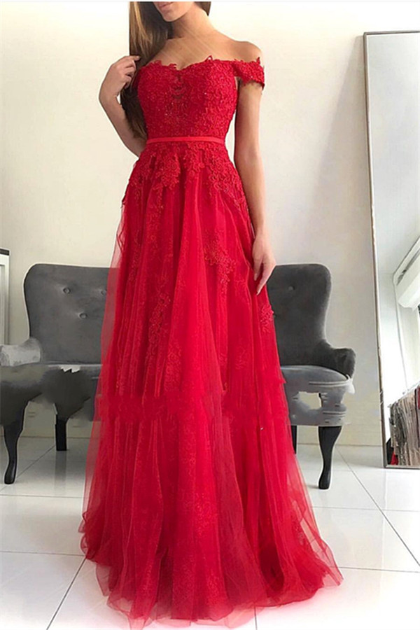 Glamorous Off-the-Shoulder Lace Appliques Tulle A-Line Floor-Length Prom Dresses-newarrivaldress