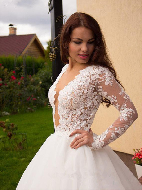 Elegant Long Sleeve Button Lace Appliques Princess Glamorous Tulle Wedding Dresses-newarrivaldress