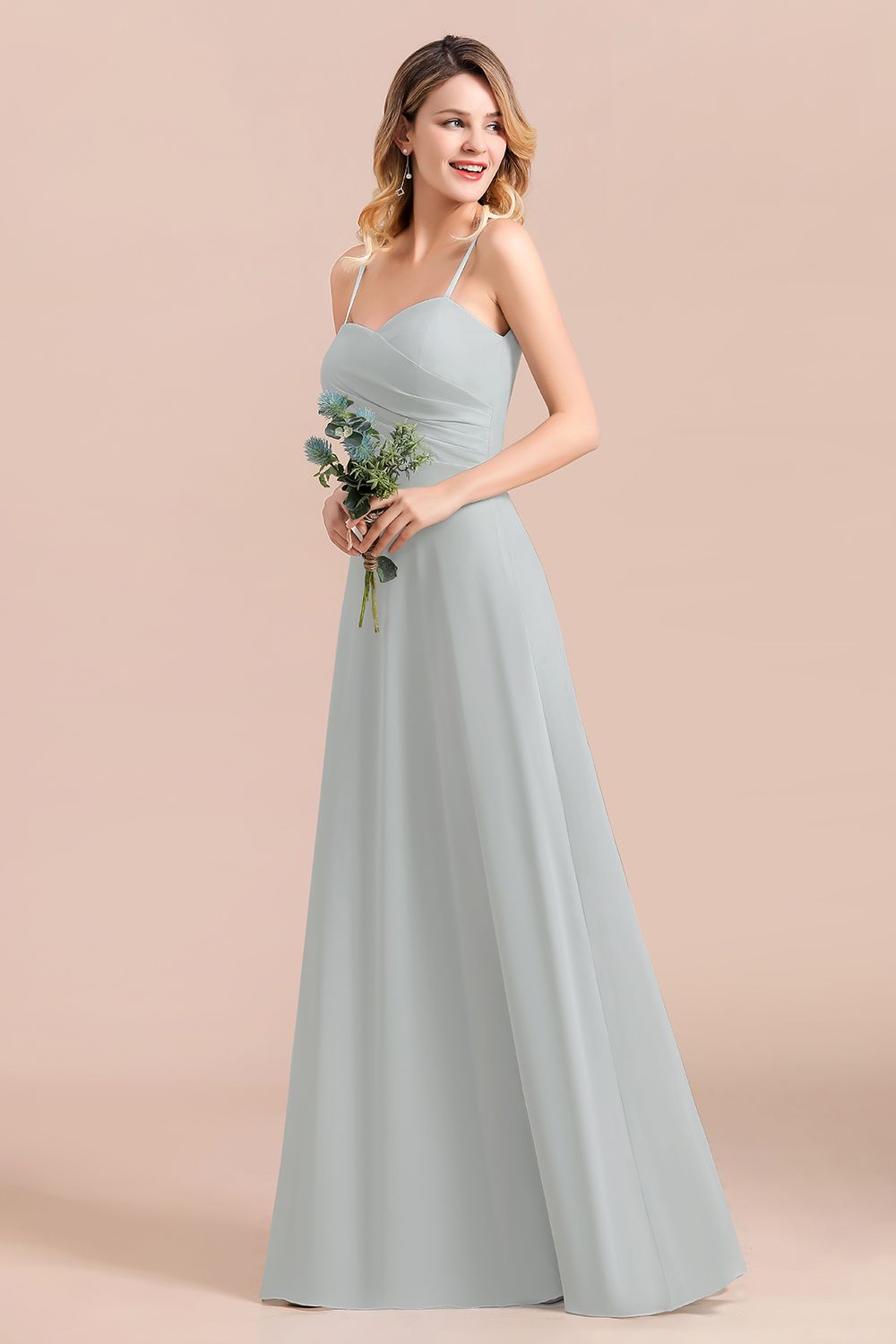 Spaghetti Straps Sweetheart Silver Bridesmaid Dresses Long Chiffon Wedding Guest Dress-newarrivaldress