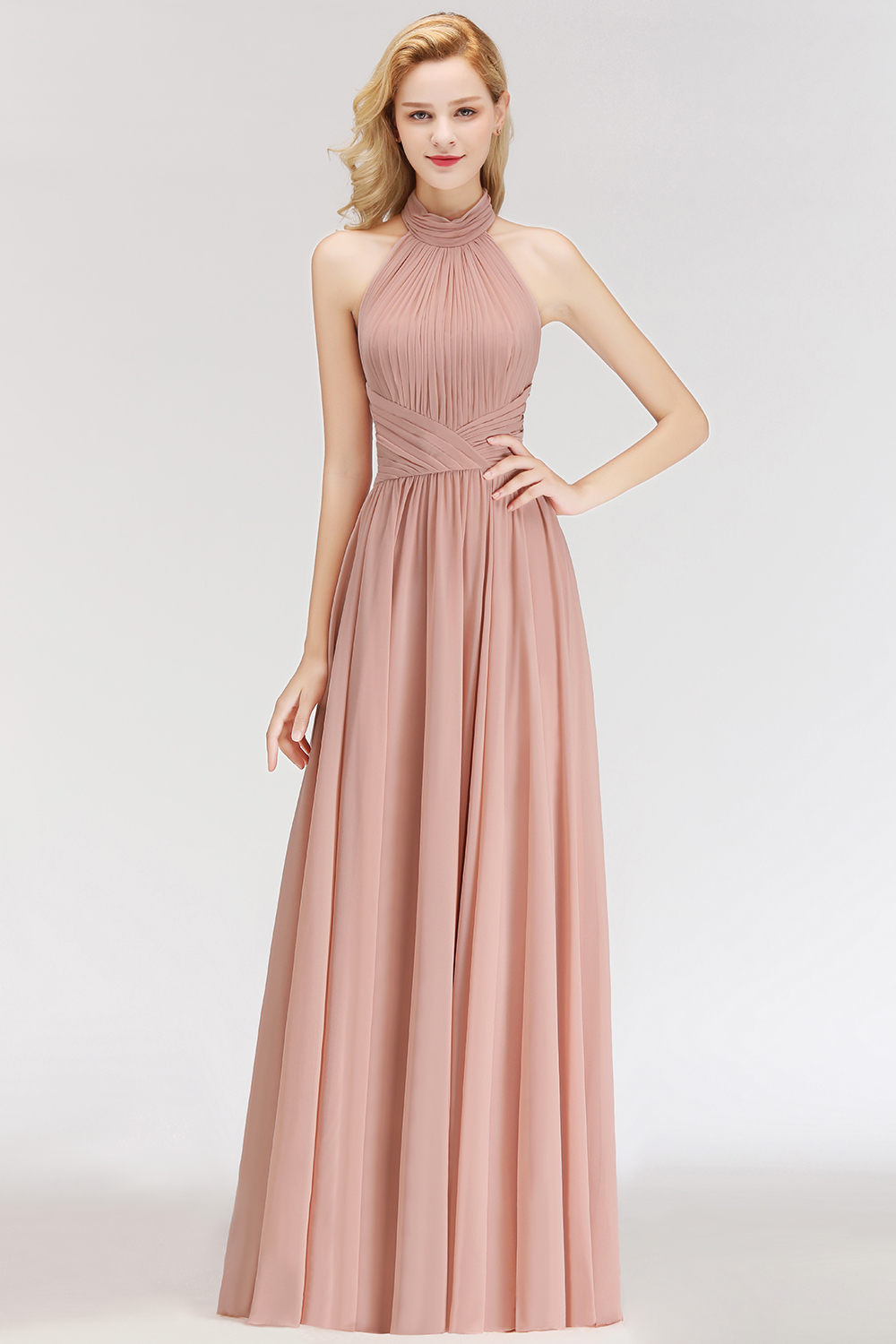 NORAH | A-line Floor Length Halter Ruffled Chiffon Bridesmaid Dresses-newarrivaldress