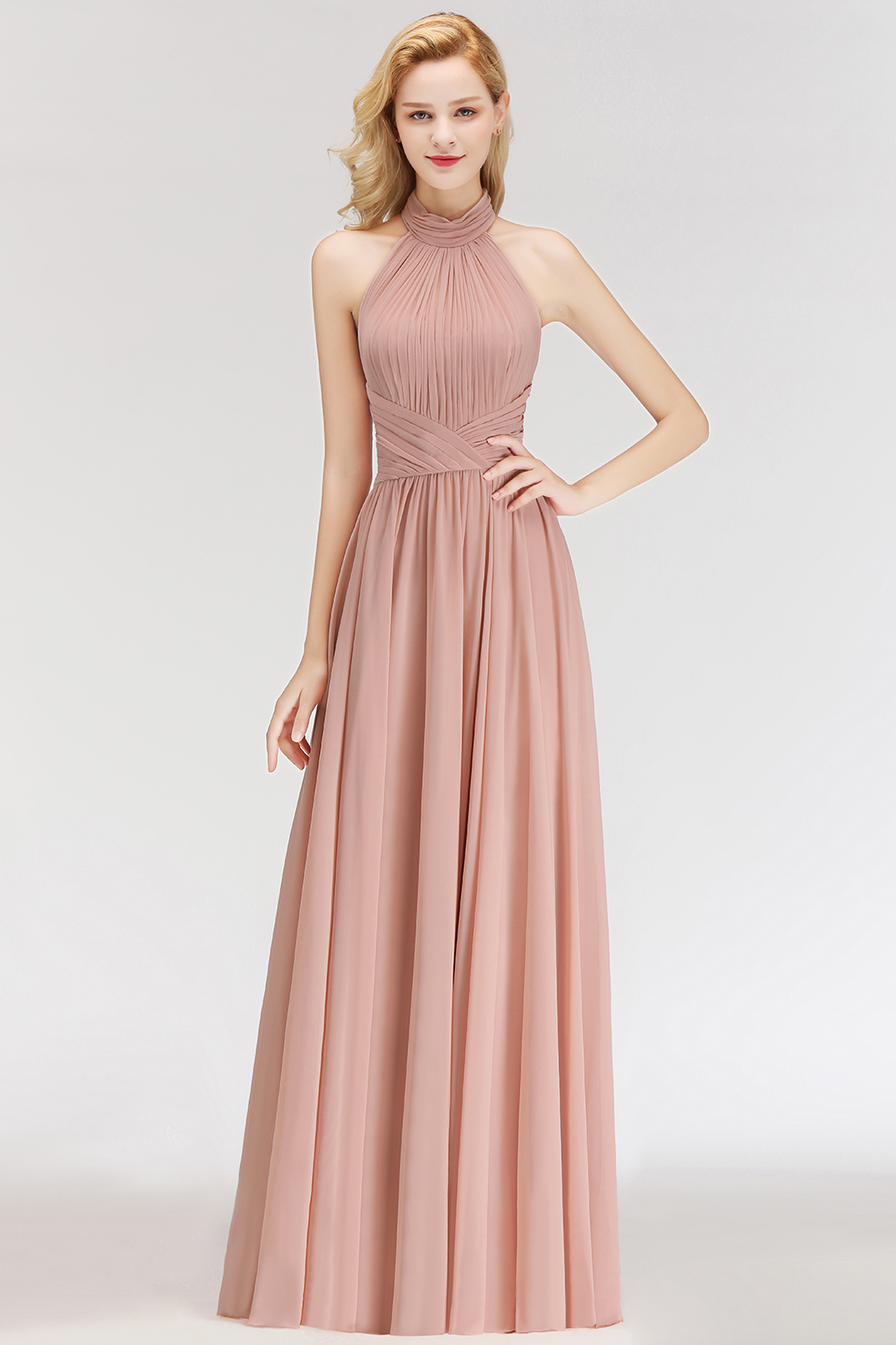 NORAH | A-line Floor Length Halter Ruffled Chiffon Bridesmaid Dresses-newarrivaldress