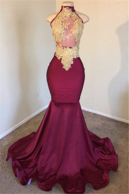 Burgundy High Neck Appliques Sleevless Mermaid Long Prom Dresses-newarrivaldress