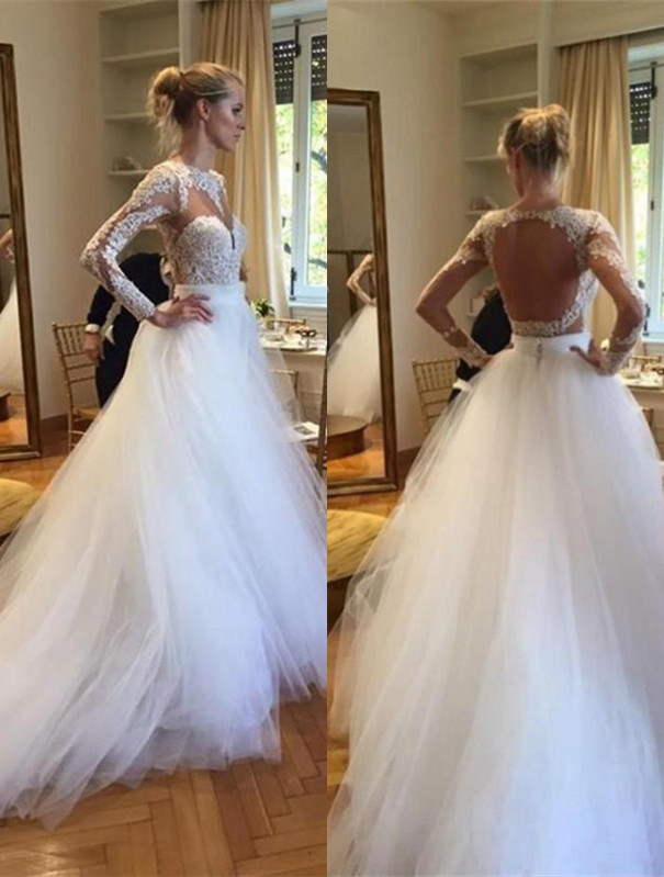 A-Line Long Sleeve Open Back Wedding Dress Gorgeous Lace Applique Tulle Bridal Gowns-newarrivaldress