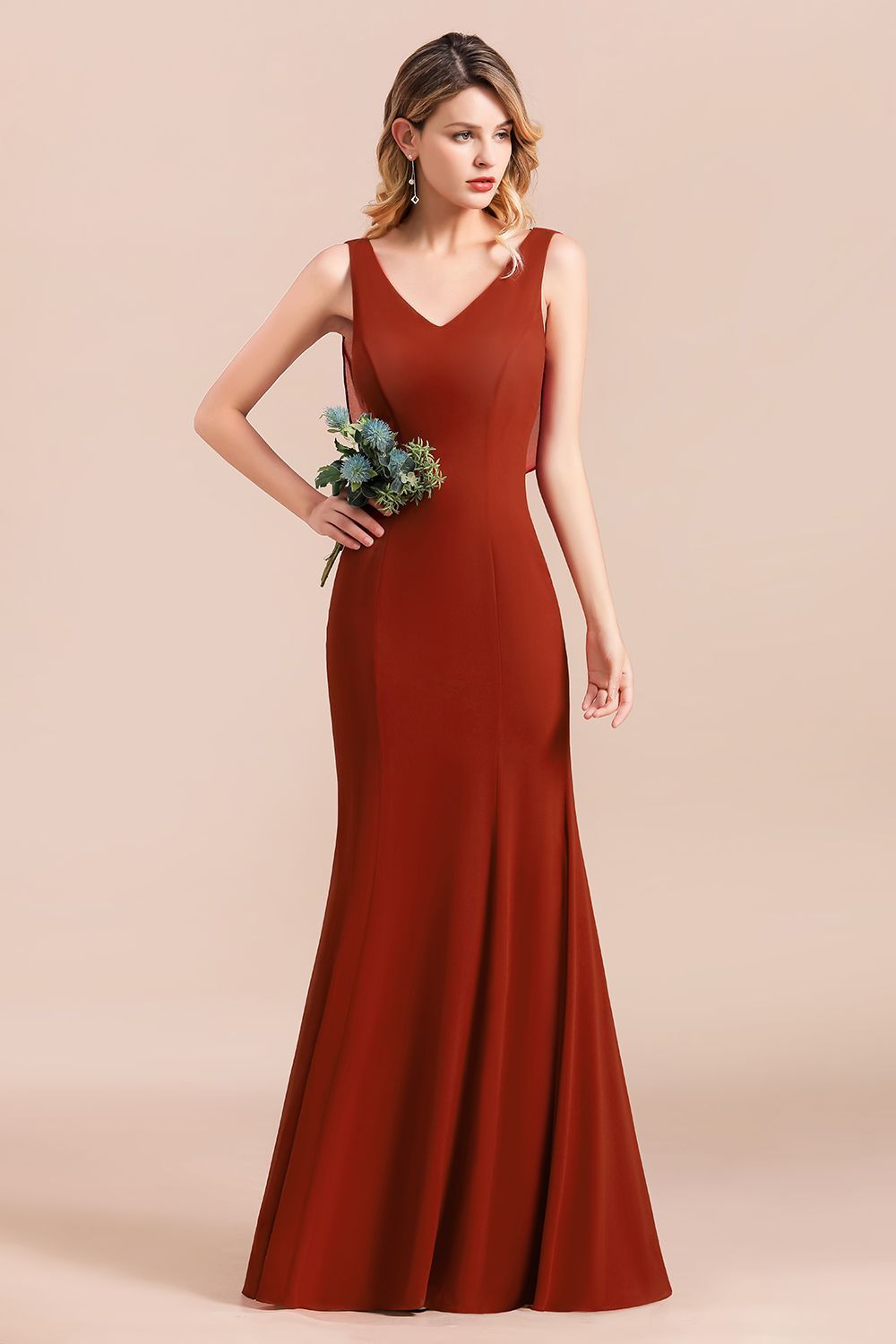 Elegant Cabernet Bridesmaid Dress Sleeveless V-Neck Long Mermaid Wedding Guest Dress-newarrivaldress