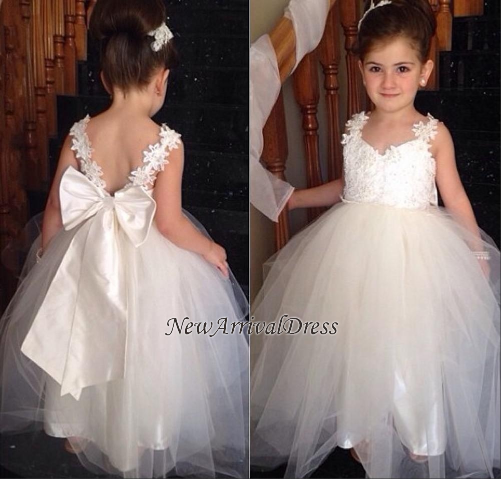 Lace Cute Flower Bowknot Backless Tulle White Girl Dresses-newarrivaldress