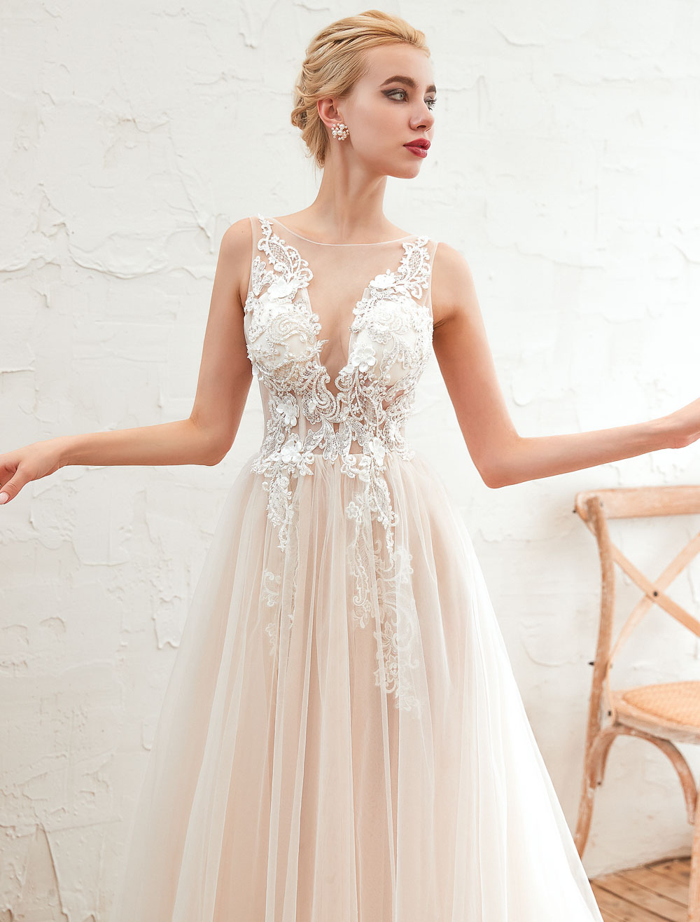 Wedding Dress 2021 V Neck Sleeveless A Line Tulle Bridal Gowns With Train-newarrivaldress