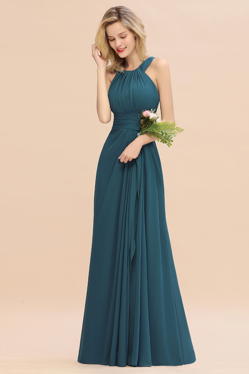 Halter Ruched Chiffon Mermaid Bridesmaid Dress Long Wedding Guest Dress-newarrivaldress