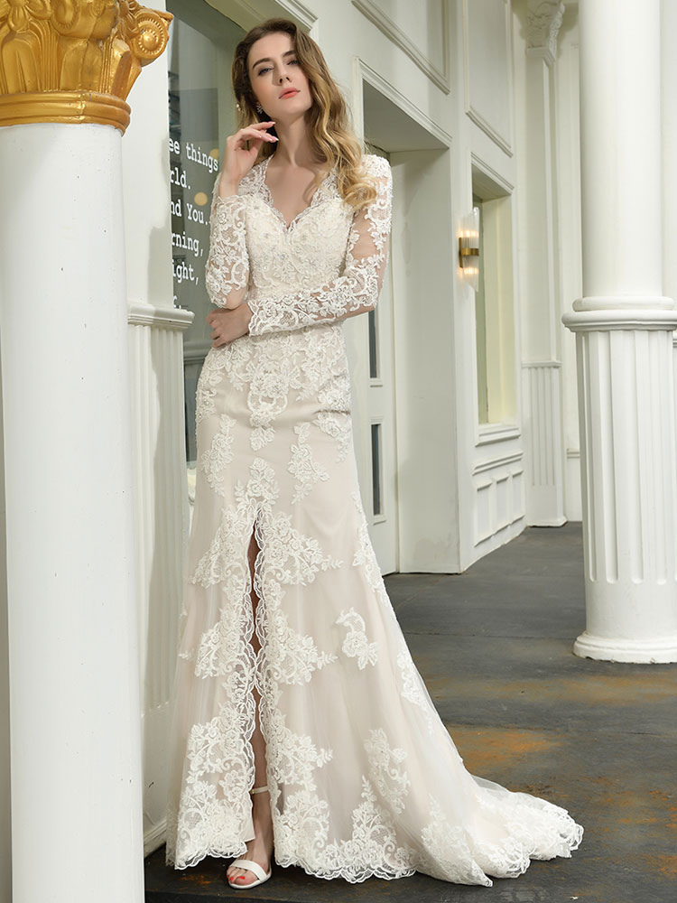 Boho Wedding Dress V Neck Sleeveless Natural Waist Lace Bridal Gowns With Train-newarrivaldress