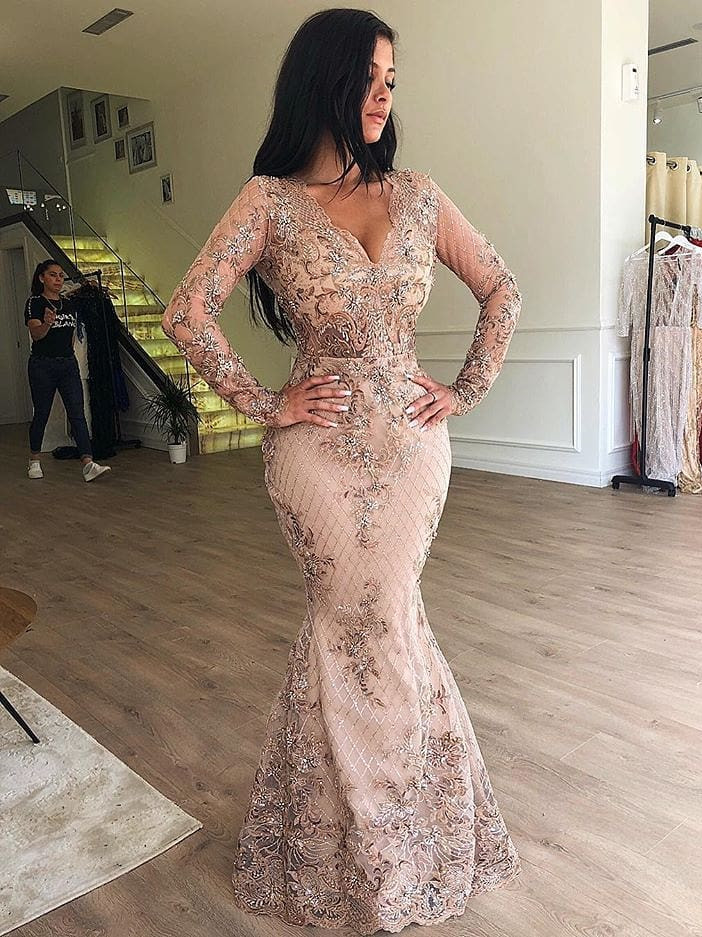 Sexy Mermaid V-neck Long Sleeves Appliqued Prom Dresses with Detachable Skirt-newarrivaldress