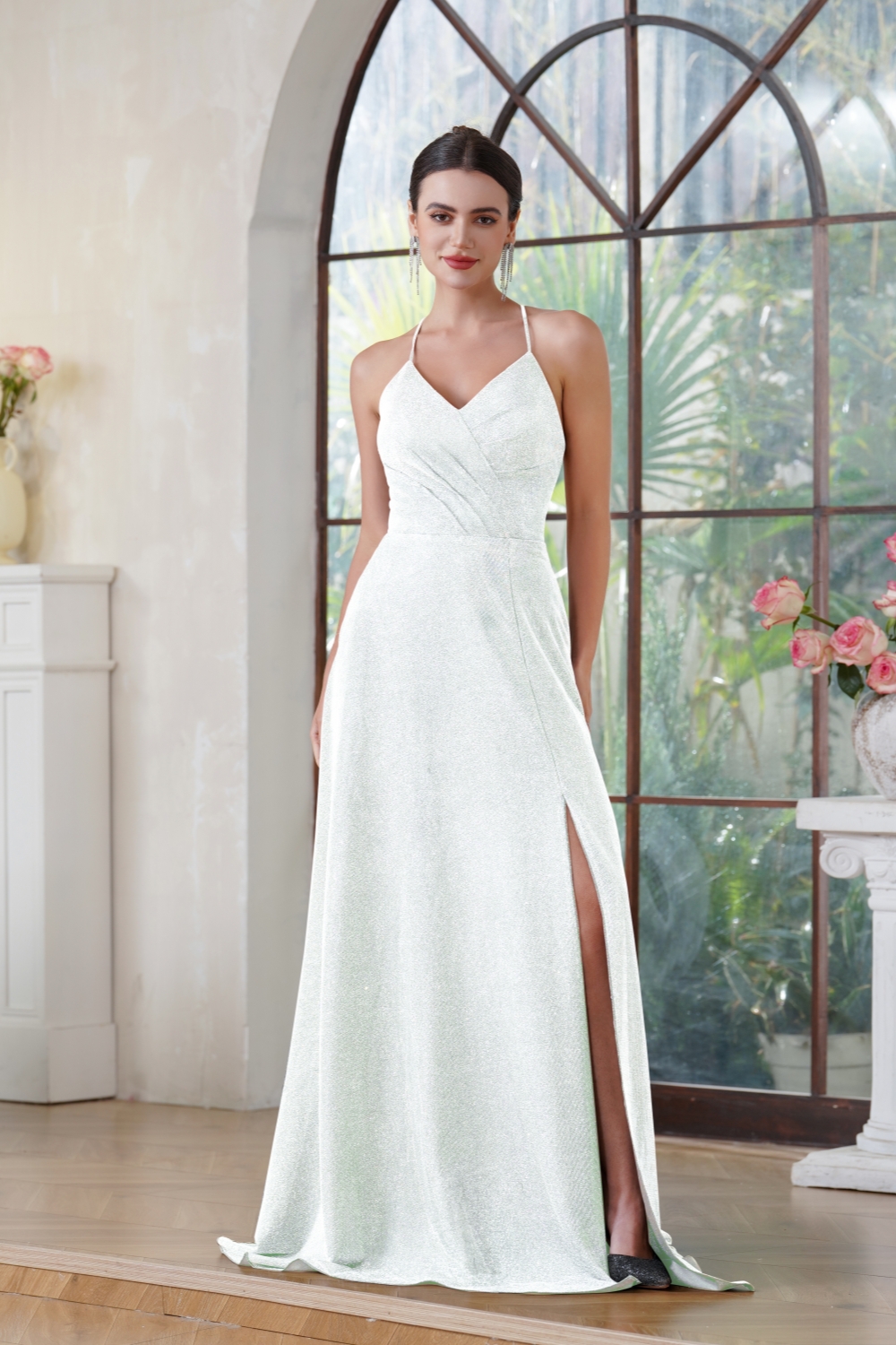 Simple Halter Glitter Pleated Prom Dress V-Neck Side Slit Floor Length Formal Dress with Pocket-newarrivaldress