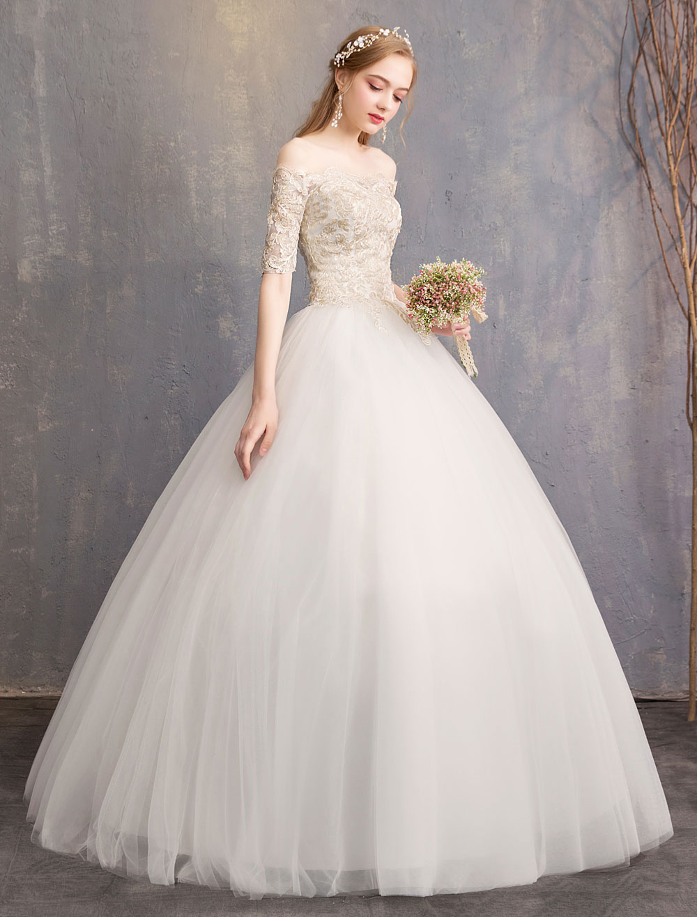Tulle Wedding Dress Off The Shoulder Half Sleeve Princess Bridal Gown-newarrivaldress