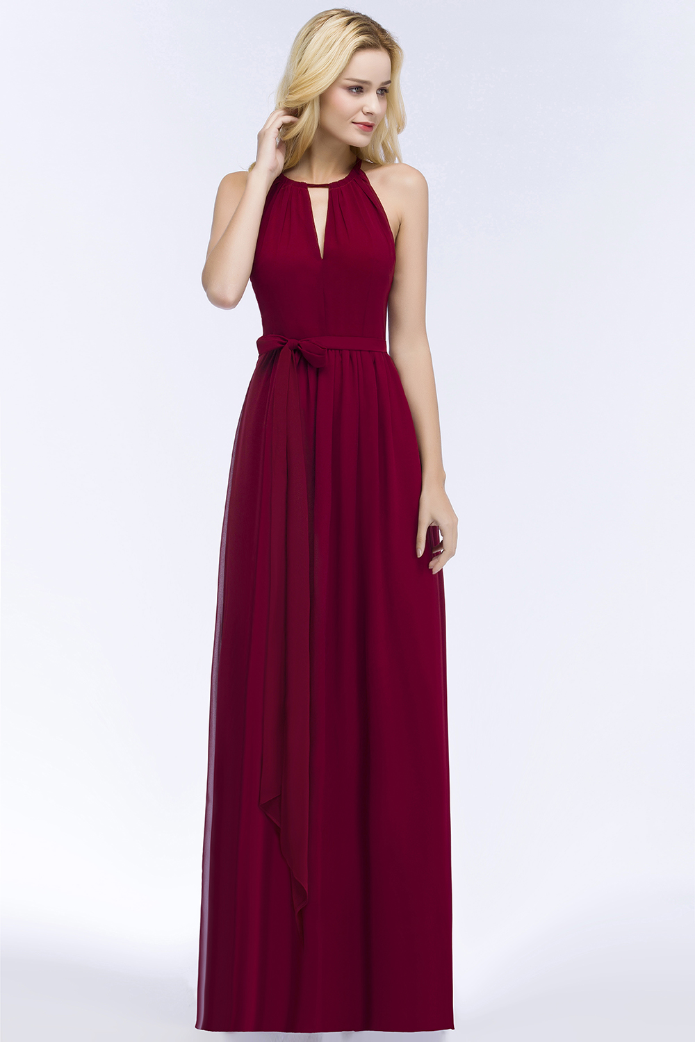 ROSALIND | A-line Halter Floor Length Burgundy Bridesmaid Dresses with Bow Sash-newarrivaldress