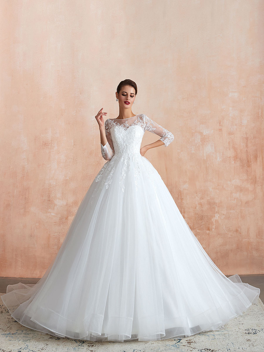 Wedding Gown 2021 3/4 Sleeve Jewel Neck Lace Appliqued Beaded Ball Gown Bridal Wedding Dress With Train-newarrivaldress