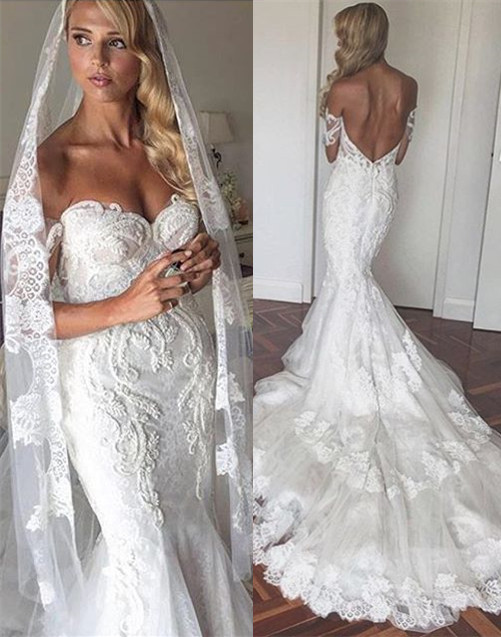 Appliques Tulle Elegant Tiered Mermaid Backless Off The Shoulder Wedding Dresses Online-newarrivaldress