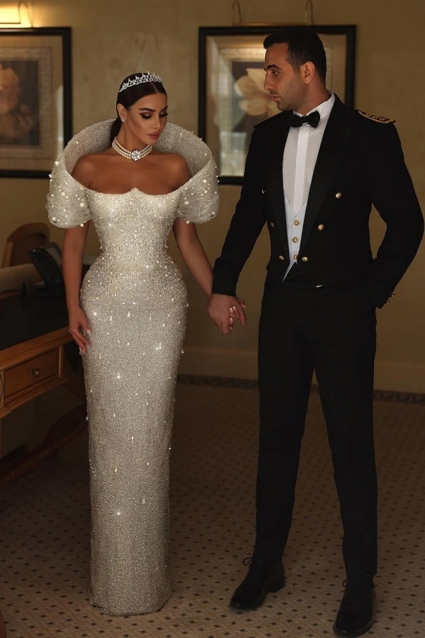 Gorgeous White Glitter Sequins Mermaid Wedding Gown Sweetheart Long Bridal Dress-newarrivaldress