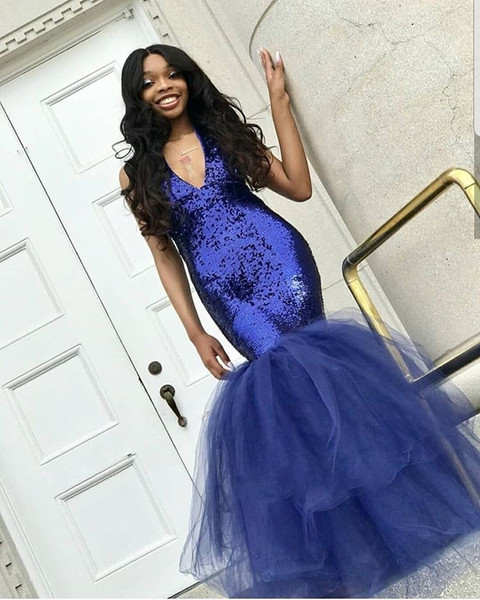 Sexy Navy Blue Mermaid Sequins Prom Dresses | Tulle Sleeveless V-Neck Evening Dresses-newarrivaldress