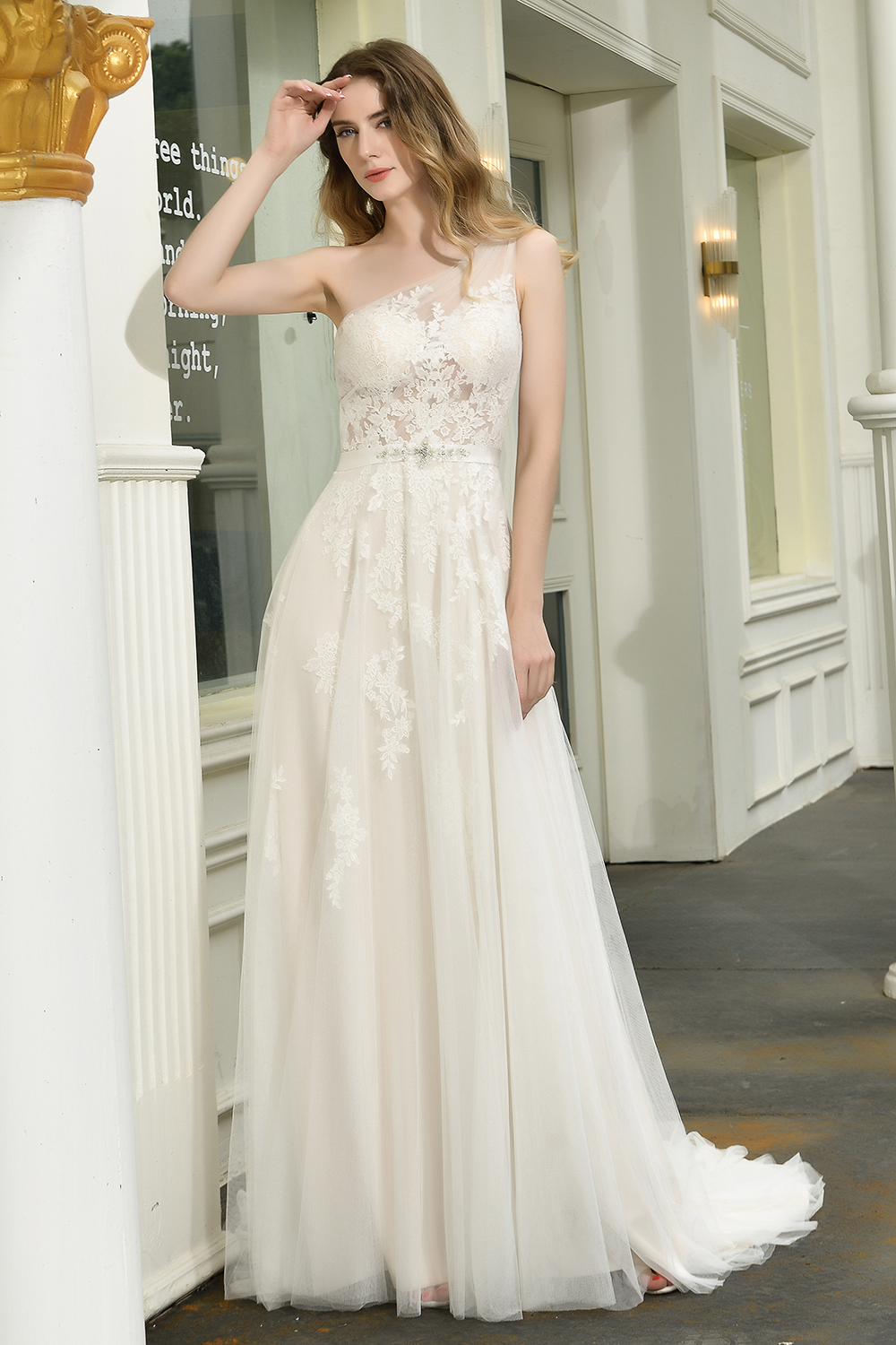 Elegant One Shoulder A-line Wedding Dress Lace Appliques-newarrivaldress