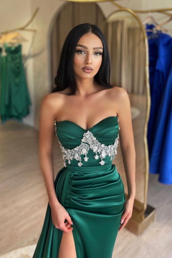 Dark Green Sweetheart Mermaid High Split Prom Dress Sleeveless Satin Party Dress with Crystals-newarrivaldress
