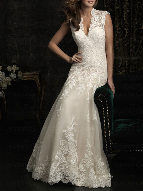 Simple Wedding Dress 2021 Lace V Neck Sleeveless Floor Length Backless Tulle Bridal Gowns With Train-newarrivaldress