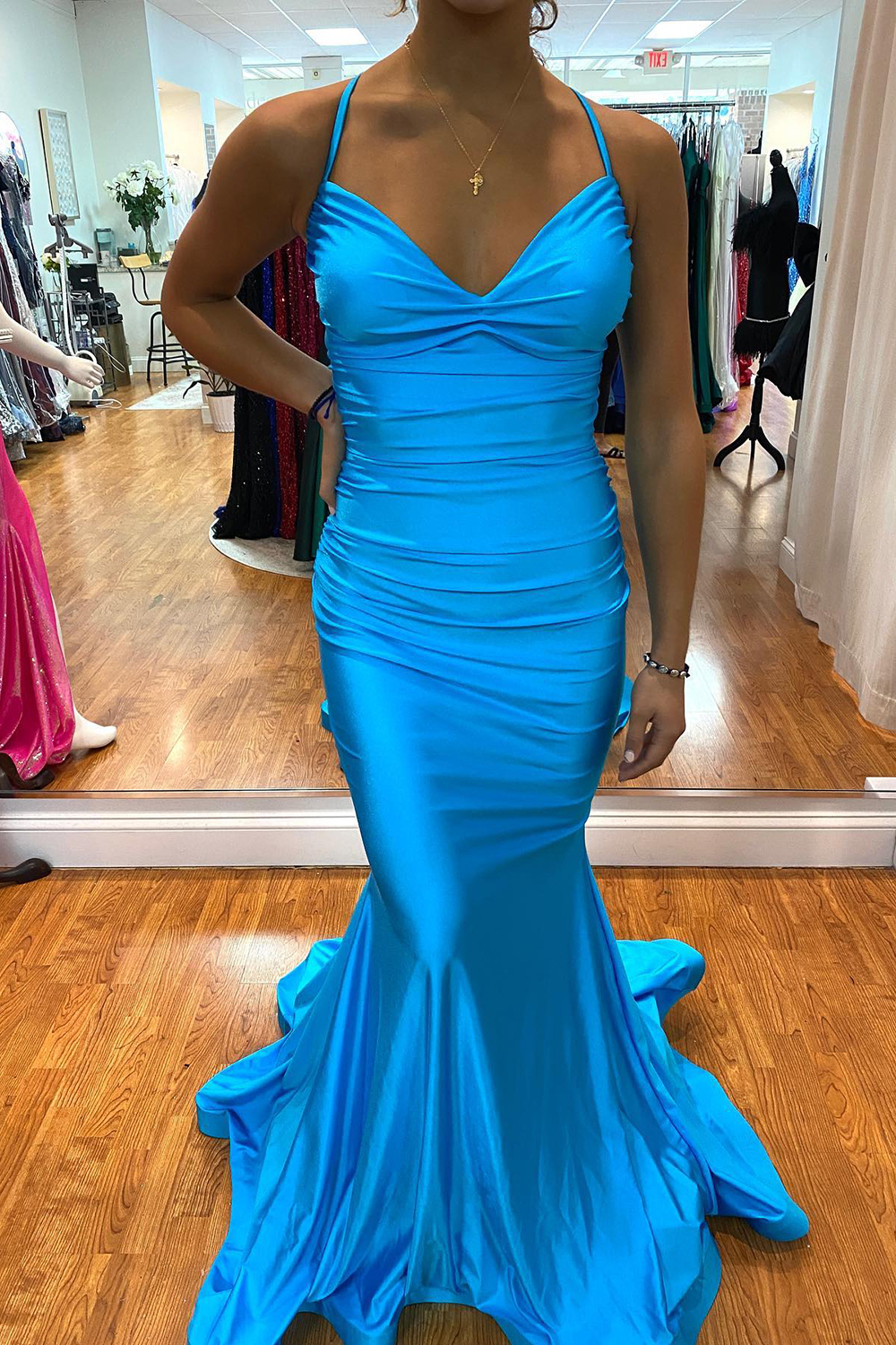 Sexy Halter Ruched Satin Mermaid Prom Dress Cross Back Sweetheart Party Dress-newarrivaldress
