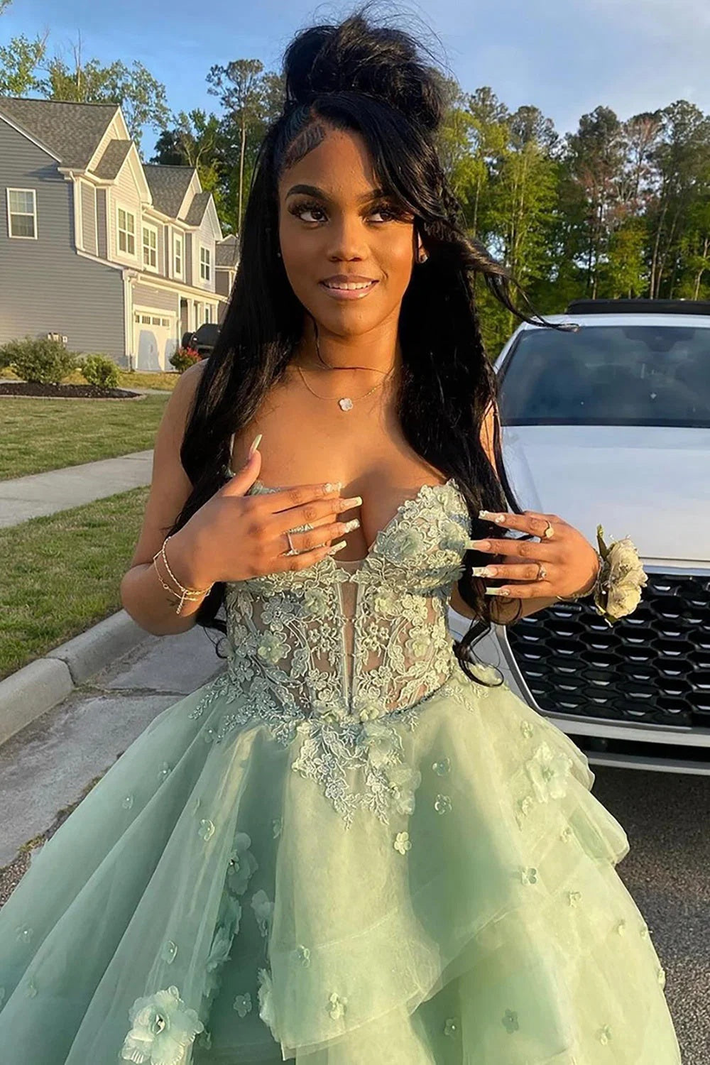 Spaghetti Straps Tulle Aline Prom Dress Floral Tiered Ruffles Corset Formal Dress