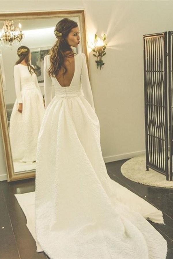 Sweep Train Open Back Satin Bridal Gowns | Long Sleeve Wedding Dresses-newarrivaldress