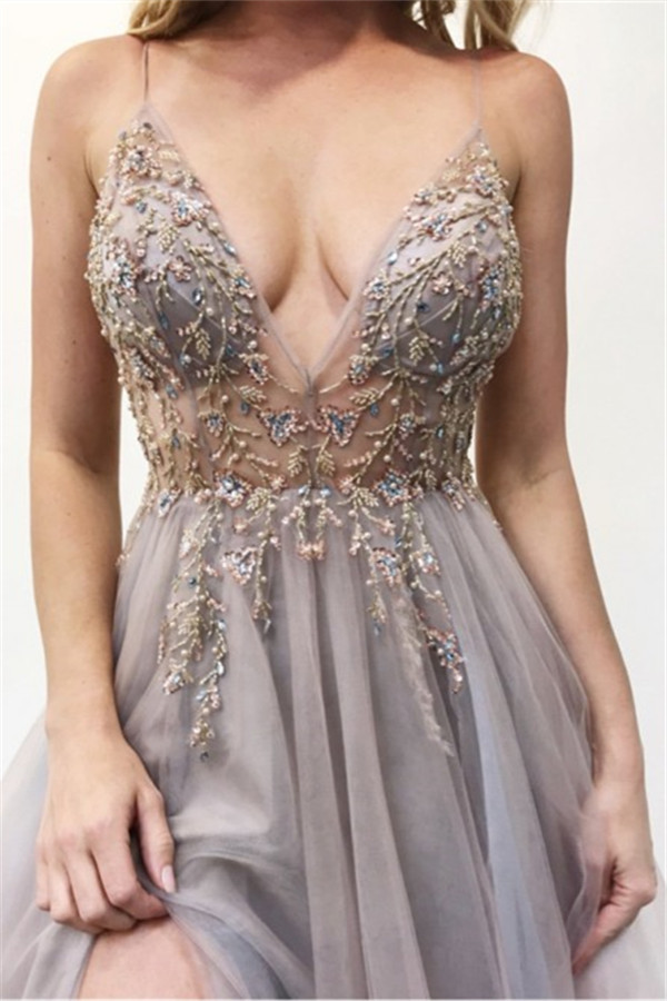 Glamorous Spaghetti-Straps Appliques Side-Slit Prom Dresses-newarrivaldress