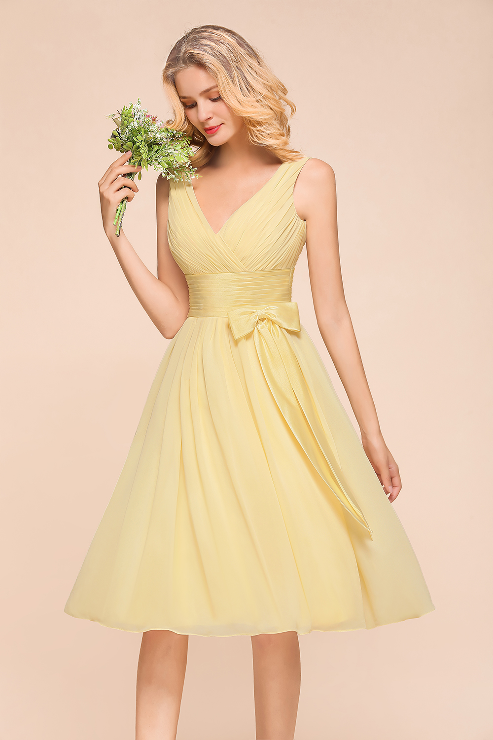 Elegant Daffodil Ruffle Chiffon Short Bridesmaid Dress Sleeveless Aline Tea Length Formal Dress-newarrivaldress