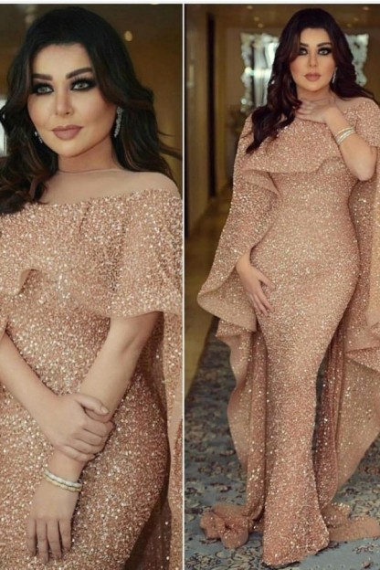 Mermaid Sweep Train Sequins Round Neck Floor-Length Prom Dresses-newarrivaldress