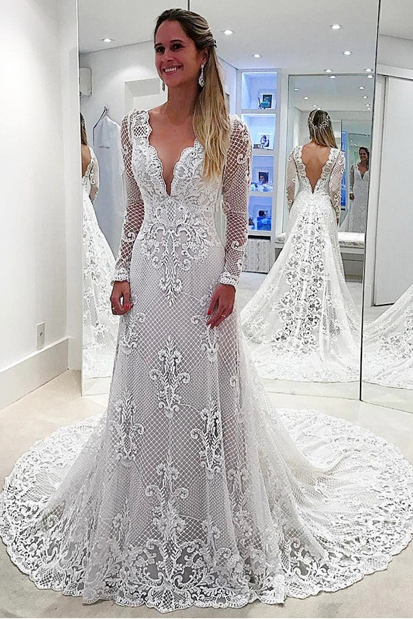 Elegant Long Sleeve Sheath Lace Wedding Dresses | Sweep Train Open Back Bridal Gowns-newarrivaldress