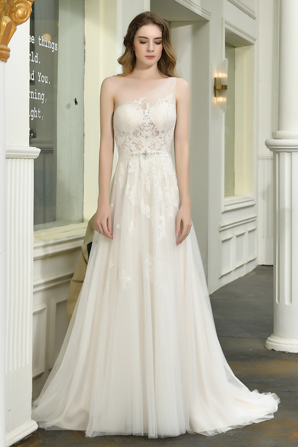 Elegant One Shoulder A-line Wedding Dress Lace Appliques-newarrivaldress