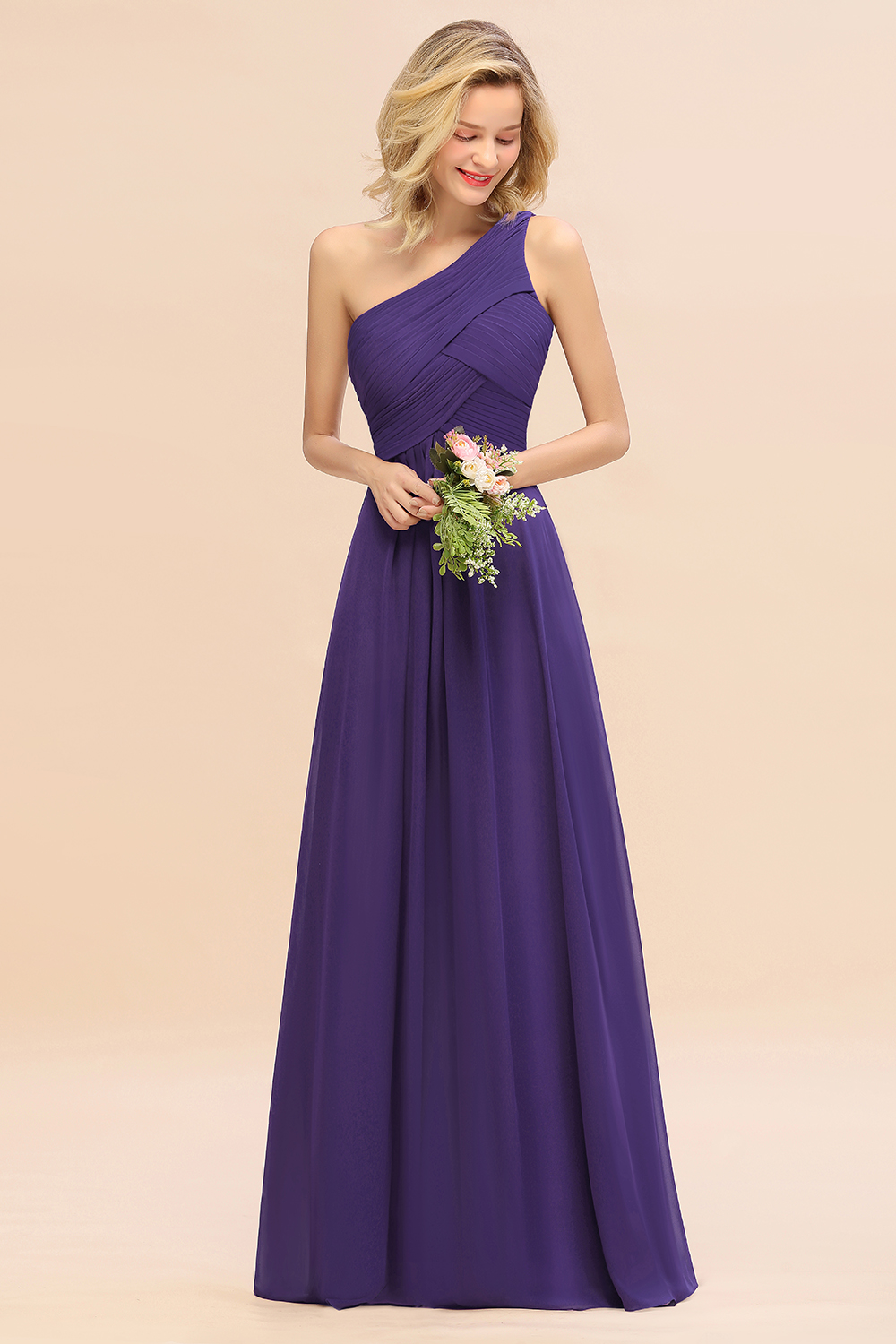 Elegant Ruched Chiffon One Shoulder Bridesmaid Dress Long Sleeveless Evening Dress-newarrivaldress