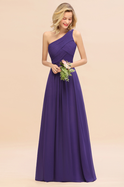 Elegant Ruched Chiffon One Shoulder Bridesmaid Dress Long Sleeveless Evening Dress