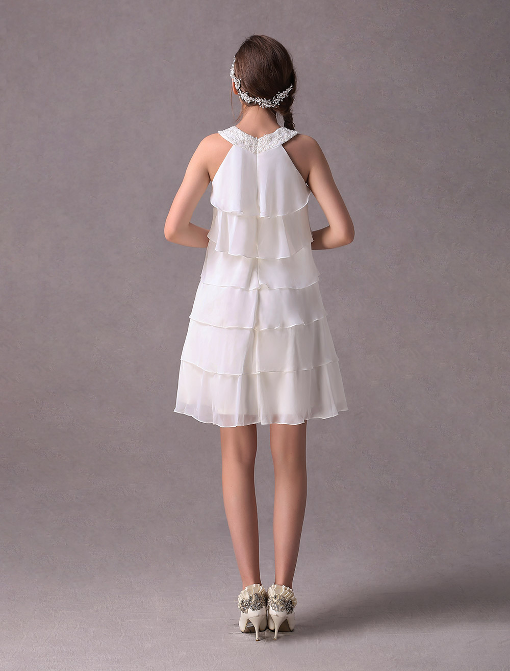 Simple Wedding Dresses Ivory Chiffon Cocktail Party Dress Beaded Tiered A Line Halter Short Bridal Dress Exclusive-newarrivaldress