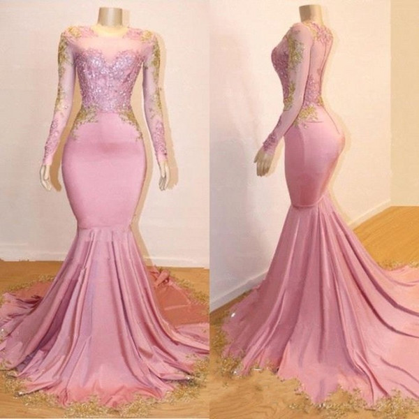Pink Appliques Long Sleeve Long Prom Dresses | New Arrival Gorgeous Mermaid Evening Gowns-newarrivaldress