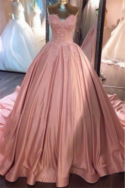 Strapless Lace Appliques Ball Gown Evening Dresses | Pink Quinceanera Dresses with Train BA8271-newarrivaldress