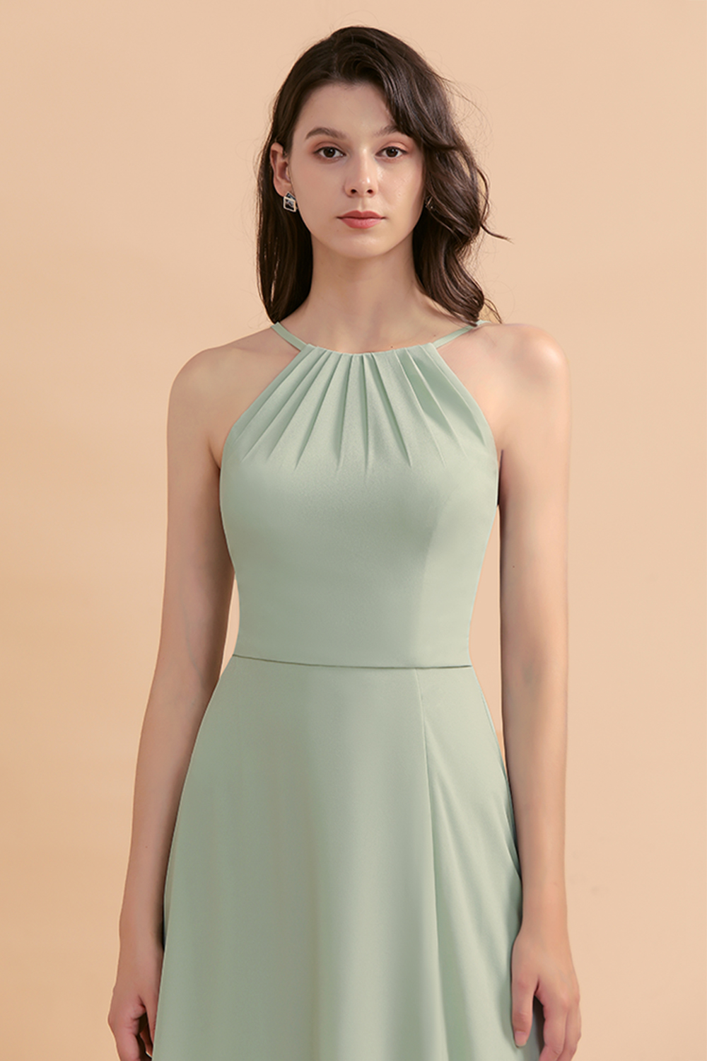 Dusty Sage Halter Long Bridesmaid Dress Sleeveless Side Slit Wedding Party Dress-newarrivaldress