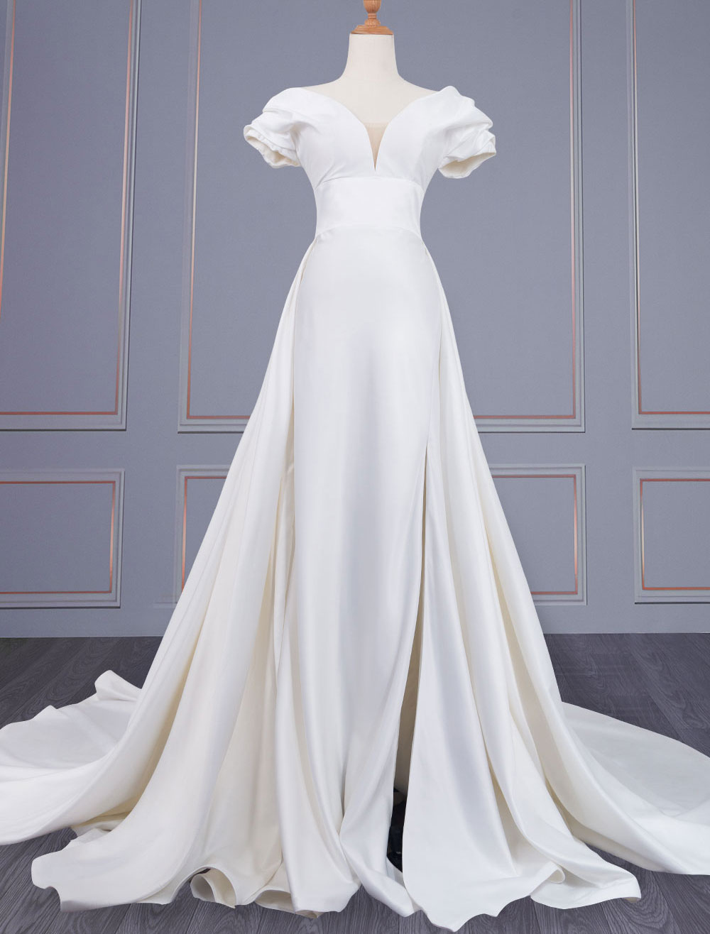 Ivory Simple Wedding Dress Satin Fabric V-Neck Short Sleeves Backless   newarrivaldress