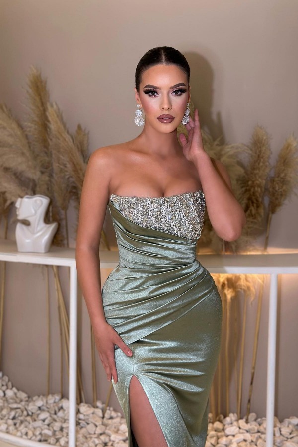 Chic Strapless Shiny Crystals Satin Long Prom Dress Side Slit Evening Wear Dress-newarrivaldress