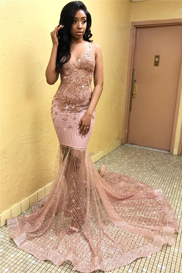 Sexy Pink Sleeveless Spaghetti Straps Tulle Appliques Mermaid Prom Dresses-newarrivaldress