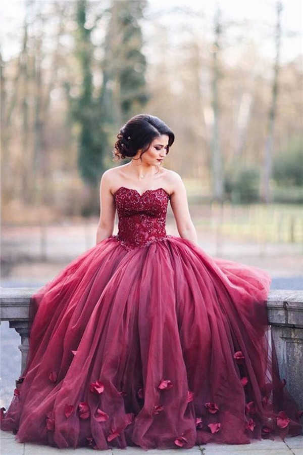 Tulle Sweetheart Appliques 3D-Floral Burgundy Amazing Ball Gown Wedding Dresses-newarrivaldress