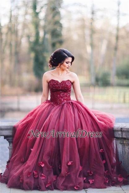 Tulle Sweetheart Appliques 3D-Floral Burgundy Amazing Ball Gown Wedding Dresses-newarrivaldress