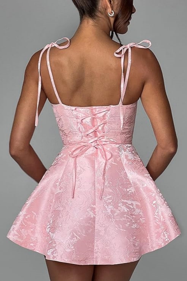 Chic Spaghetti Straps Ruffle Short Homecoming Dress Sleeveless Jacquard Satin Mini Party Dress-newarrivaldress