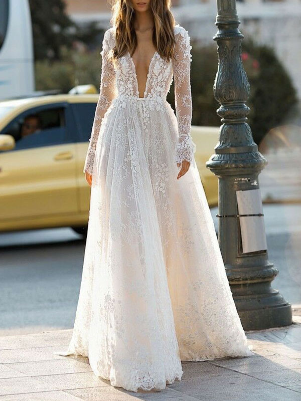 Simple Wedding Dress A Line V Neck Long Sleeves Lace Floor Length Bridal Gowns-newarrivaldress