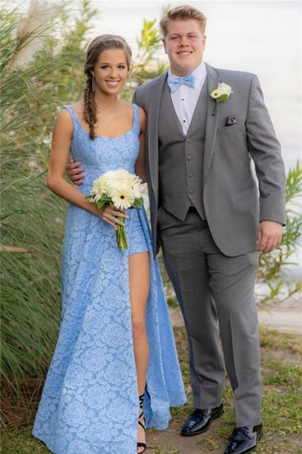 Exquisite Straps Sleeveless Prom Dress | Sexy Front Slit Lace Long Prom Gown-newarrivaldress